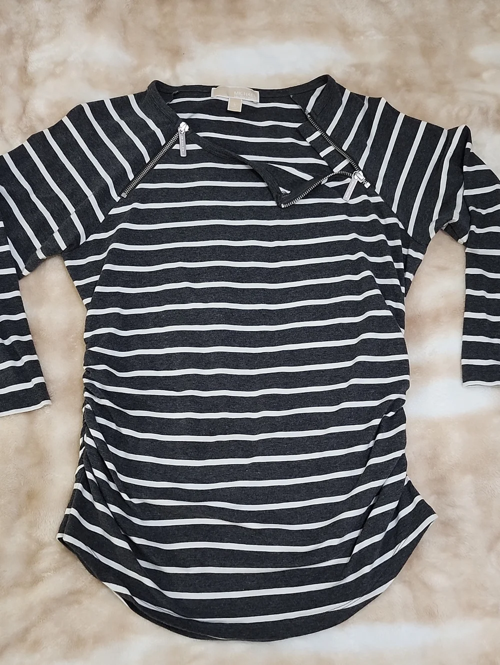 Michael Kors Gray and White Striped 3/4 Sleeve Zipper Raglan Tee Shirt